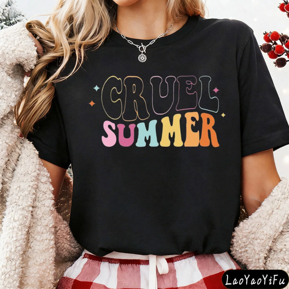 Cruel Summer Retro Groovy Font Graphic T Shirt Modern and Trendy Women Cotton Short Sleeve Summer Casual Daily Life T-shirt