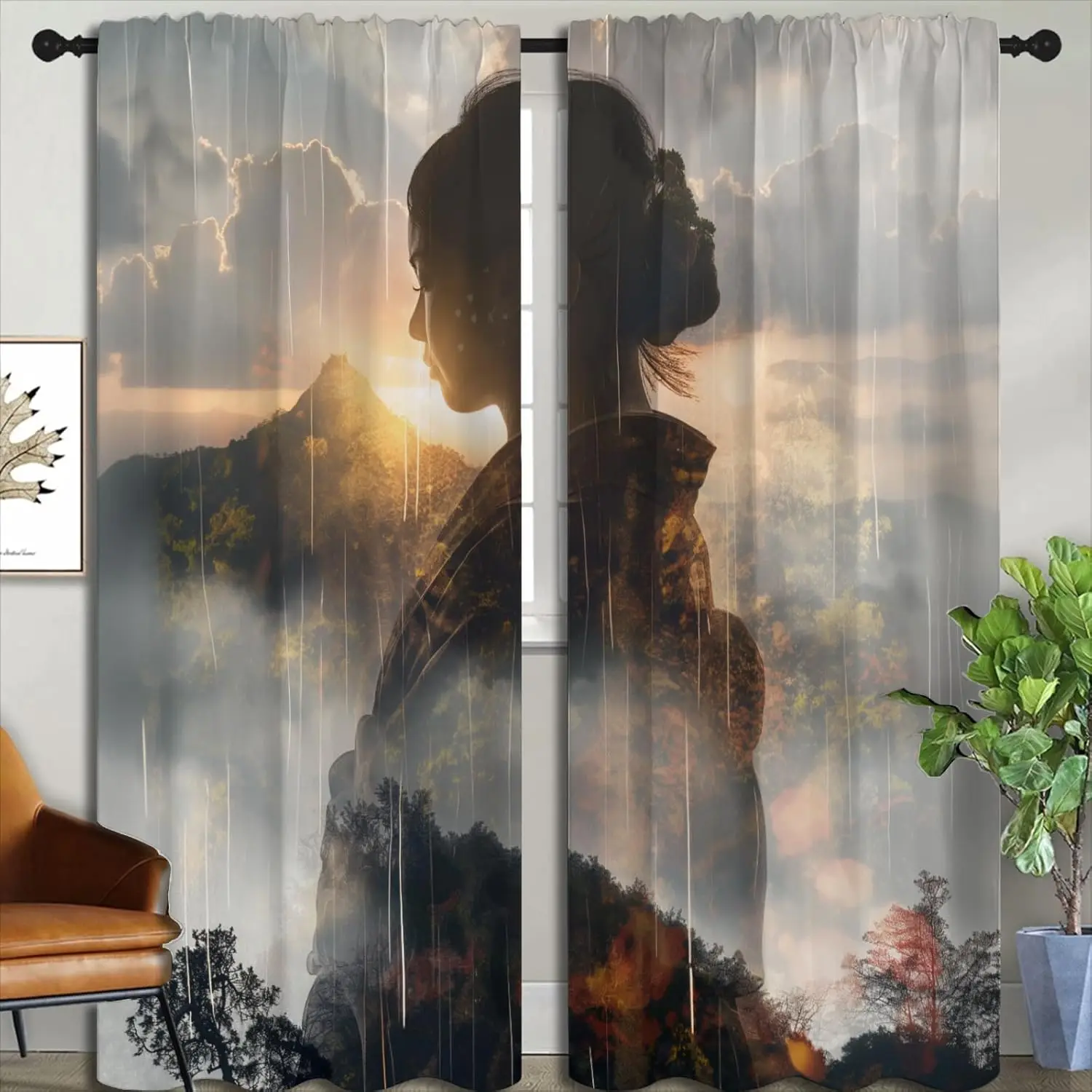 Japanese Geisha Blackout Curtains for Boys Girl Bedroom Home Decor,Sunrise Silhouette Style Landscape Painting Thermal Insulated