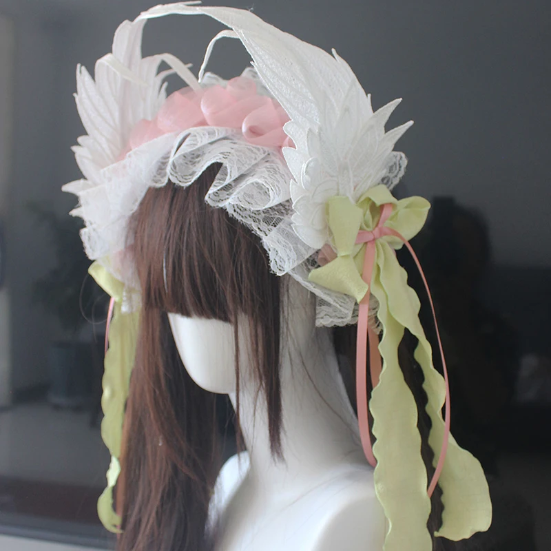 Dolce ed elegante fatto a mano Lolita Accessori per capelli Ali Patchwork di pizzo Fiocco con lacci Fascia per capelli Donna JK Anime Cameriera Cosplay Copricapi