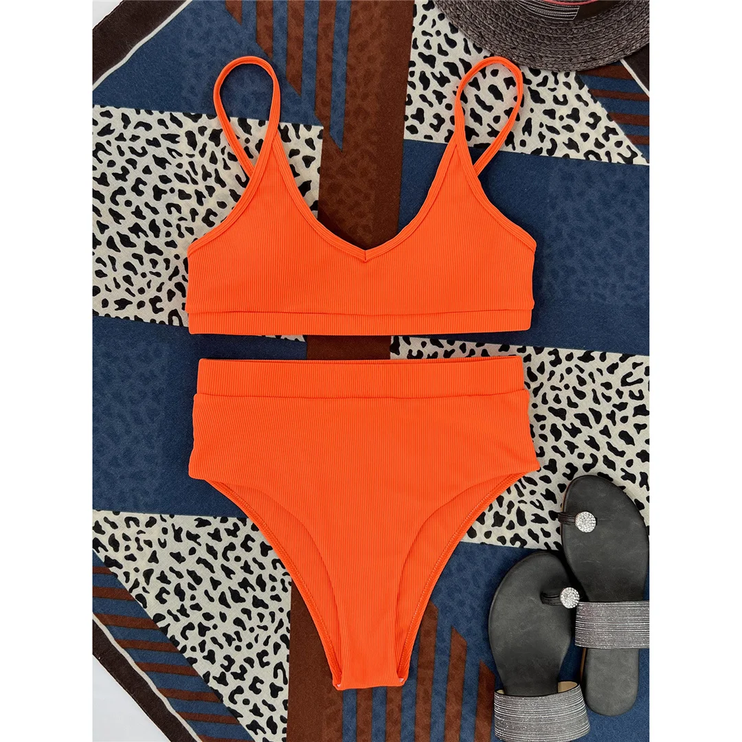 Neuer, gerippter, gepolsterter Bikini mit hoher Taille in 4 Farben, Damen-Badeanzug, zweiteiliges Bikini-Set, Badebekleidung, Badeanzug, Modell V3768. – Detail 26