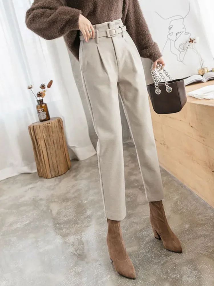 Korean Design Super High Waist Harem Pants With Belt Winter Warm Woolen Thicken Velvet Lined Pantalones Ankle Length Calca New