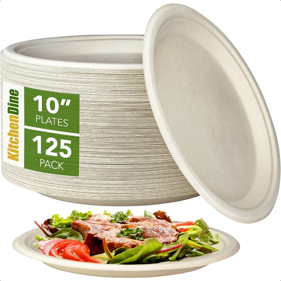 

Упаковка из 125 штук, 10-дюймовая сверхпрочная бумажная тарелка, 100 компостируемых бумажных биоразлагаемых тарелок, натуральная коричневая круглая тарелка, очень большая ужин