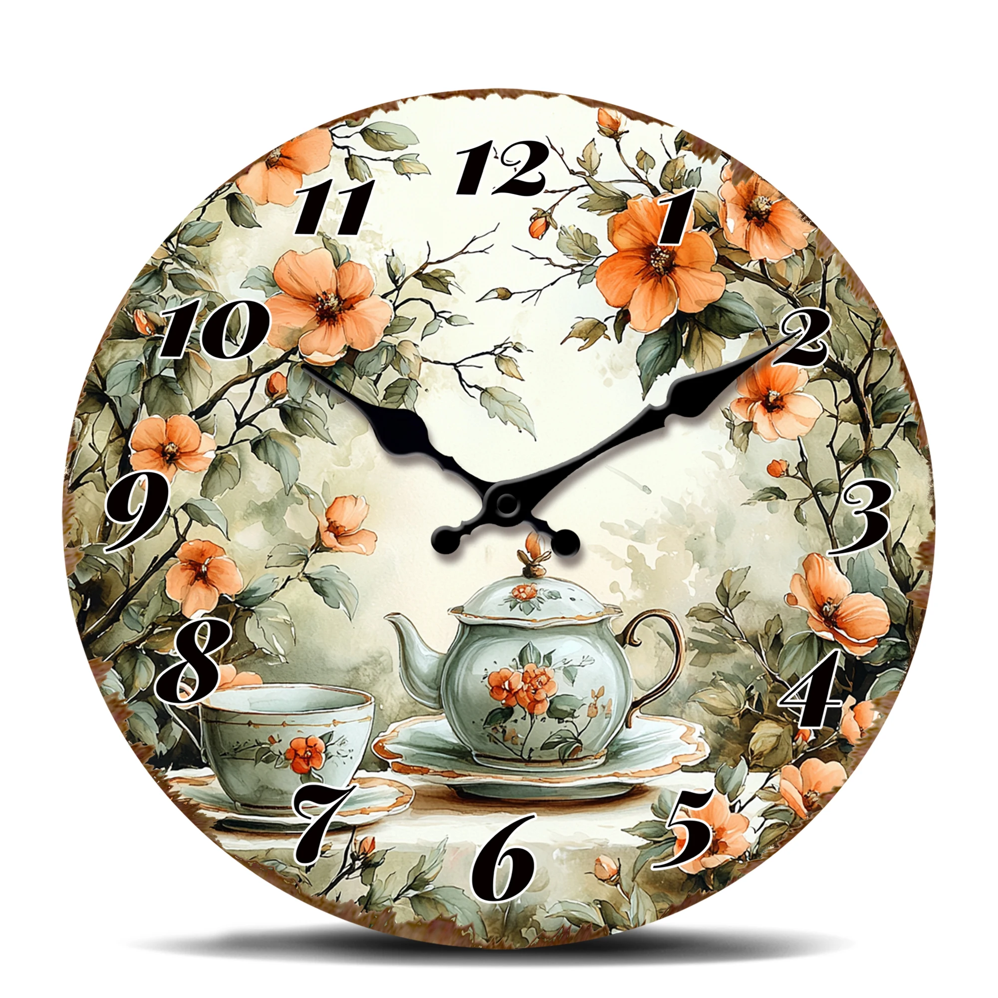 Vintage-Teekanne mit Orangenblüten, runde Wanduhr, florale Teezeit, dekorative, geräuschlose Quarzuhr für Küche und Esszimmer