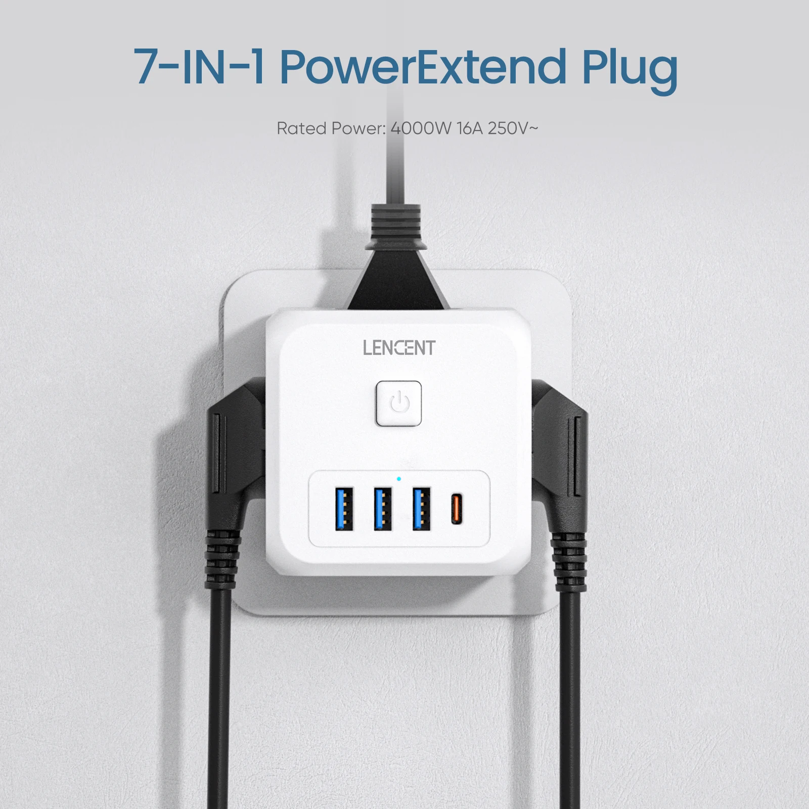 LENCENT الاتحاد الأوروبي التوصيل قطاع الطاقة مع 3 منافذ التيار المتناوب + 3 منافذ شحن USB + 1 نوع C 5 فولت 2.4A محول 7 في 1 التوصيل المقبس تشغيل/إيقاف التبديل