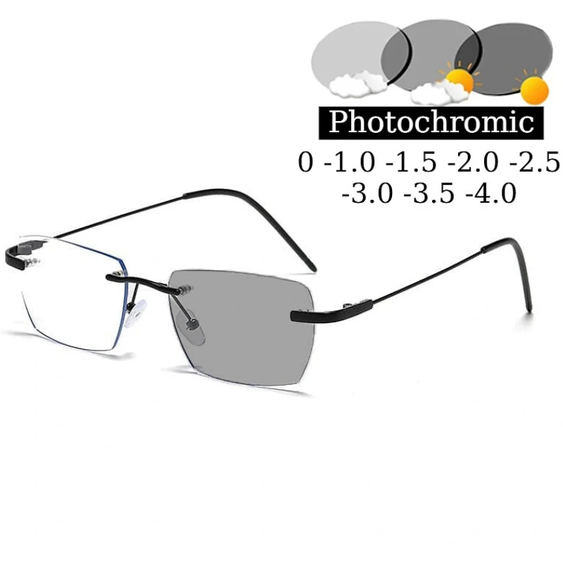 

Ultralight Rimless Photochromic Myopia Glasses for Women Men Blue Light Blocking Computer GLasses Near-sighted UV Sunglasses
