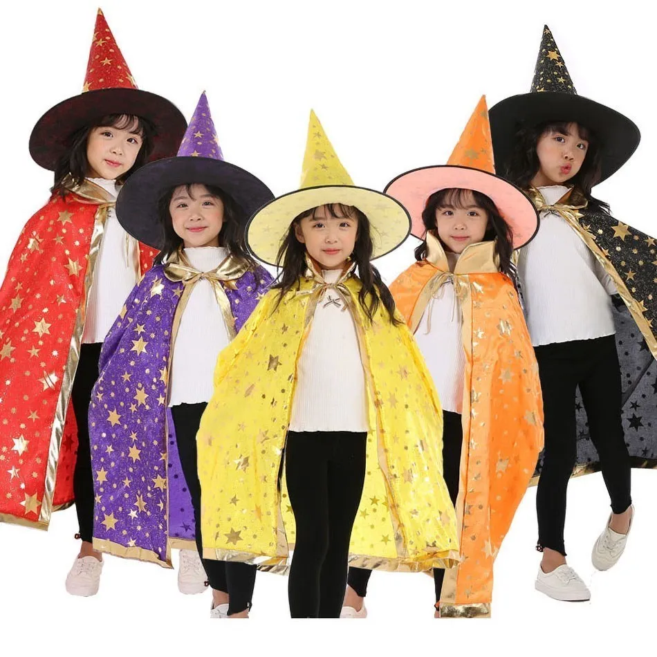 Children Cloak with Witch Hat Boys Girls Cosplay Costume Teens Black Purple Red Carnival Photography Props Kids Christmas Cape