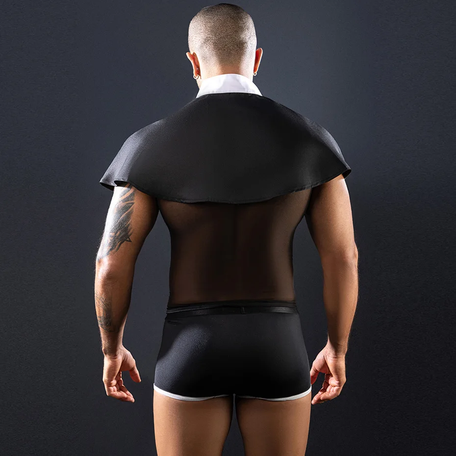 JSY Sexy Priest Uniform Cosplay Lingerie Men Underwear Black Bodysuit Nightwear Erotic Lingerie Costumes Sexy Role Play Outfit