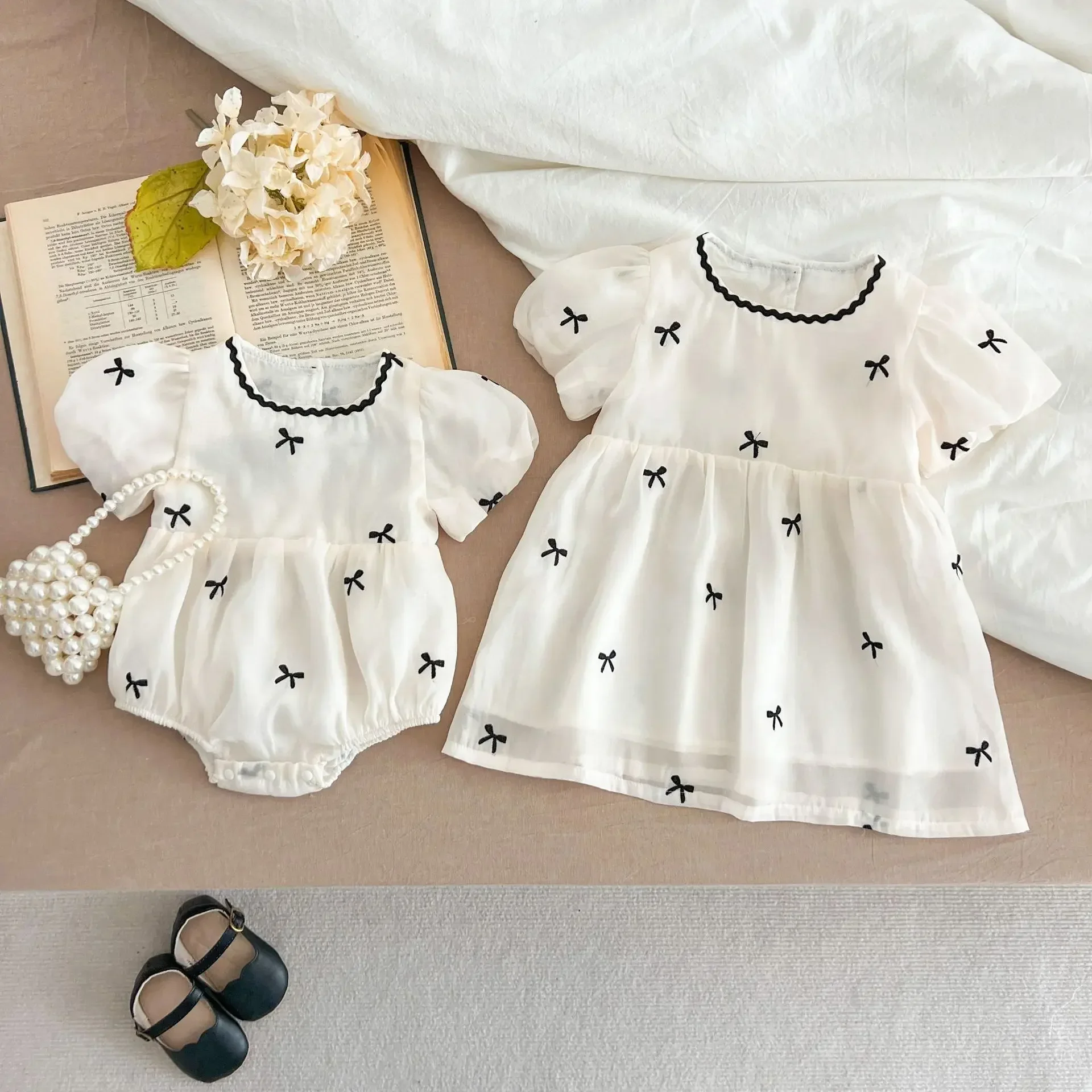 

Summer New Baby Girl Puff Sleeve Butterfly Bow Embroidery Rompers & Princess Dresses Set Pure Cotton Comfortable Sister Outfits
