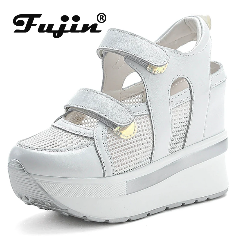 Fujin 10cm Air Mesh Genuine Leather Platform Wedge Flats Sneakers Hook Summer Women Comfy Fashion Chunky Sneaker Sandals Shoes