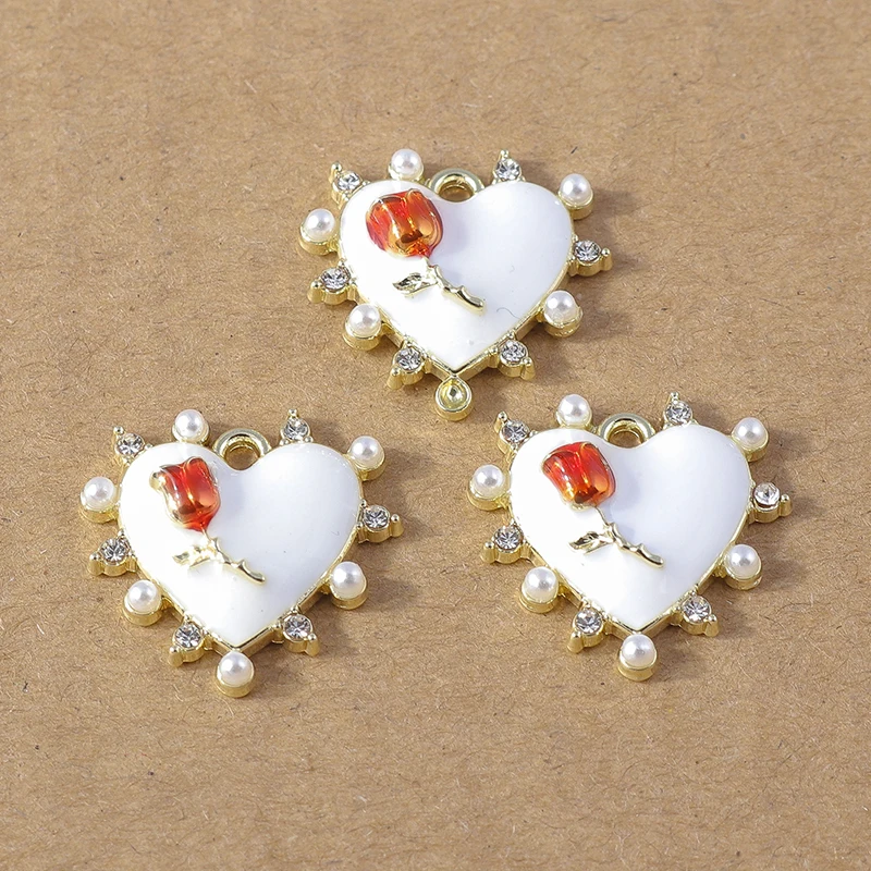 4pcs 20x19mm Chic Enamel Rose Pearl Heart Charms Pendants DIY Necklace Earrings Bracelet Jewelry Making Accessories Supplies