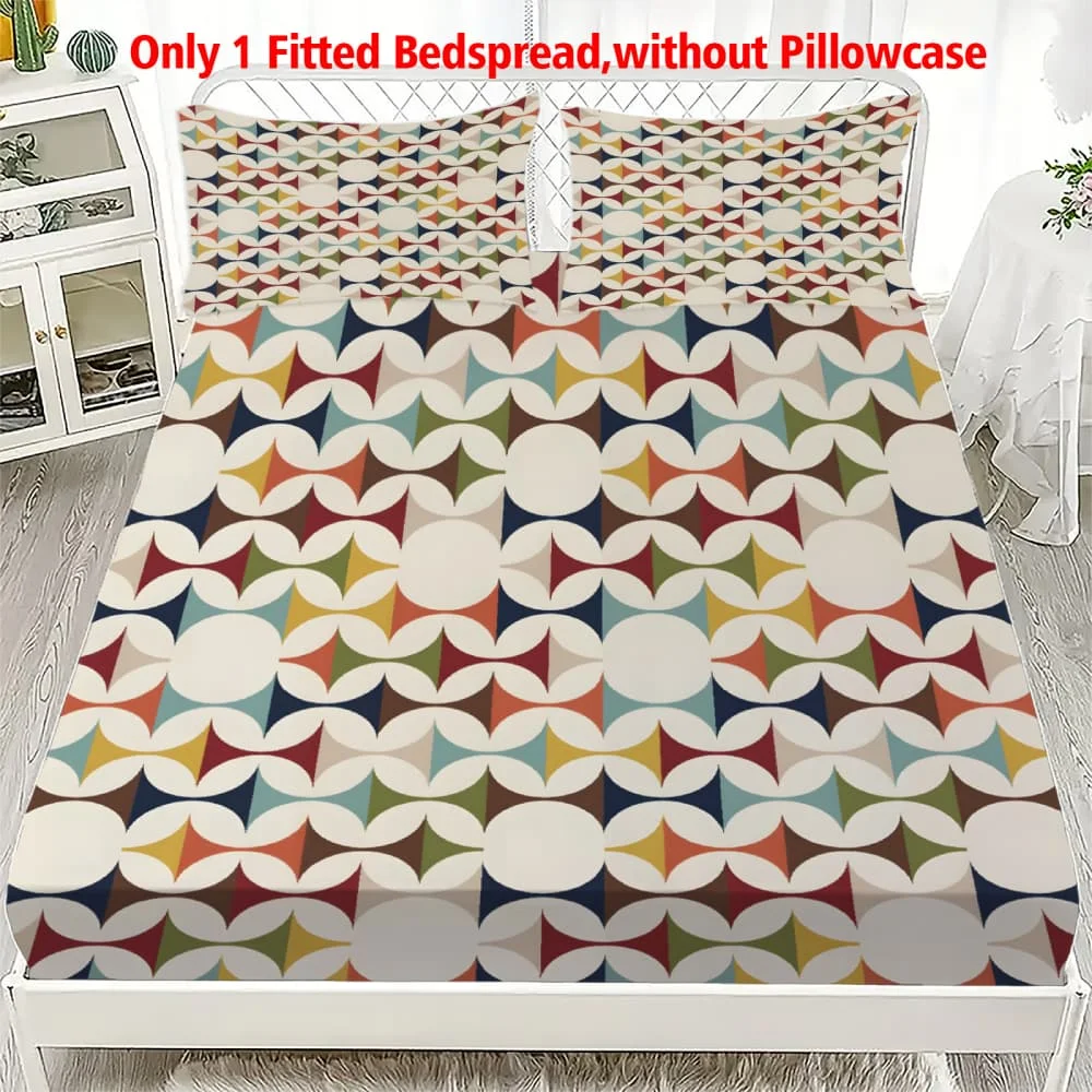 1pc Retro Geometric Circle Print Fitted Sheet Deep Pocket Elastic Mattress Cover Single Double Queen King Bedroom Decor