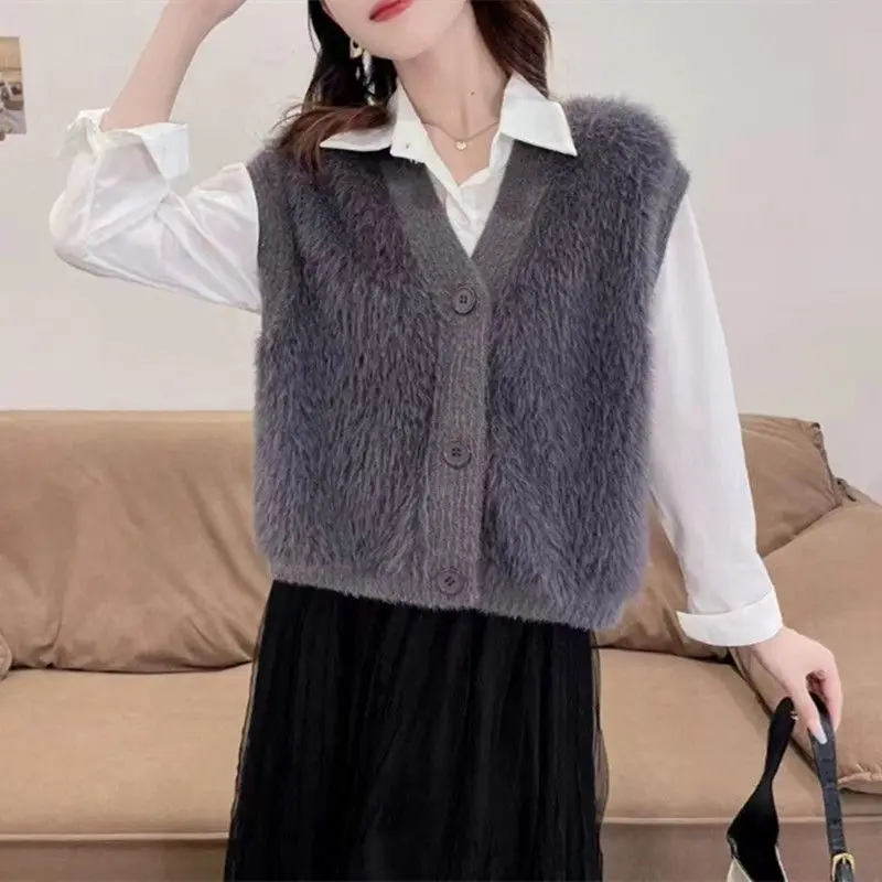 

Women Chunky Knit Vest Coat Autumn Winter Fashion Casual Long Hair Patch Soft Sweater Outerwear