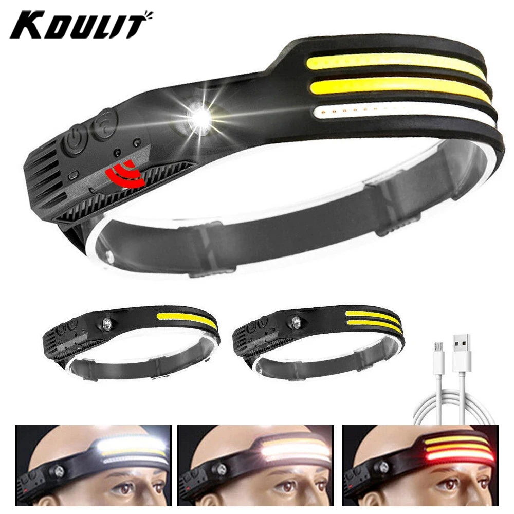 COB LED Induction Headlamp USB Rechargeable Headlight Built-in Battery Flashlight 5 Lighting Modes Outdoor Camping Fishing Torch