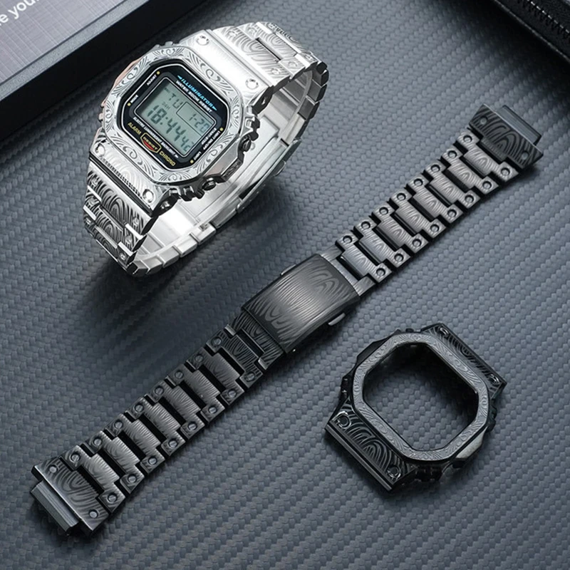 

DIY watch strap+case for Casio DW5600E/5610 GWB5600 small square modified retro carved metal case strap
