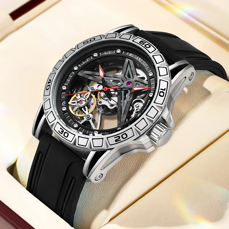 

Мужские автоматические механические часы MUSANFIGO Gemini, полые, искусственная кожа, водонепроницаемость, модные мужские знаменитые часы