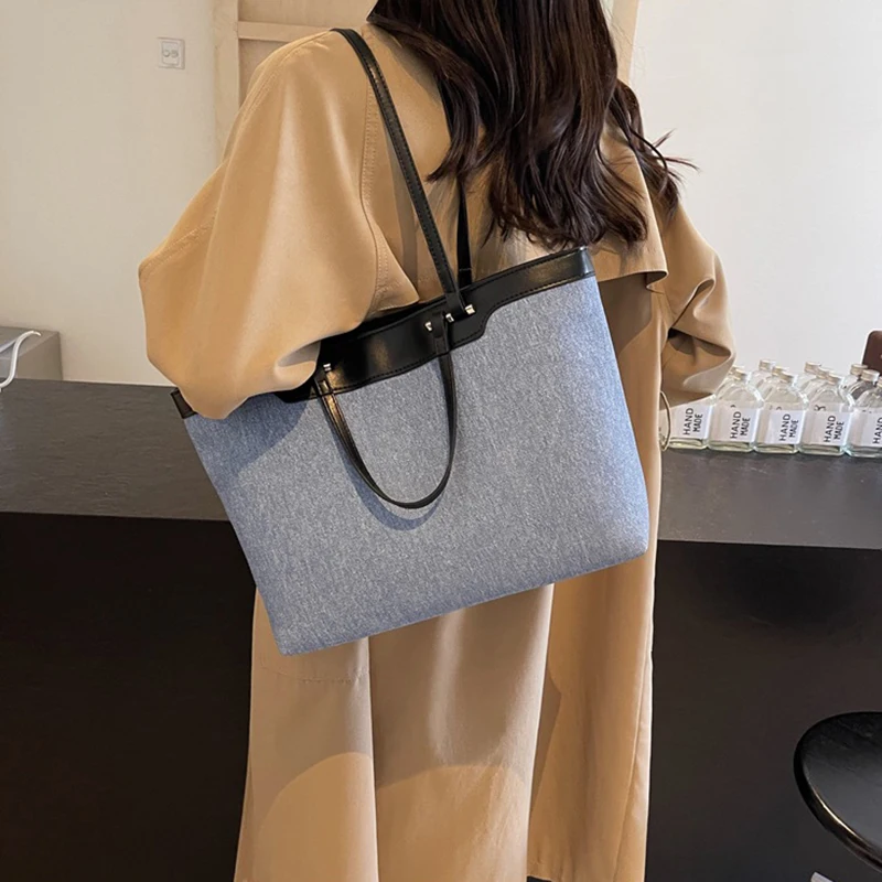 

Women Denim Patchwork Tote Bag Casual Fashion Outdoor Large Capacity Shoulder Bags Korean Luxury Design Office Lady Handbags