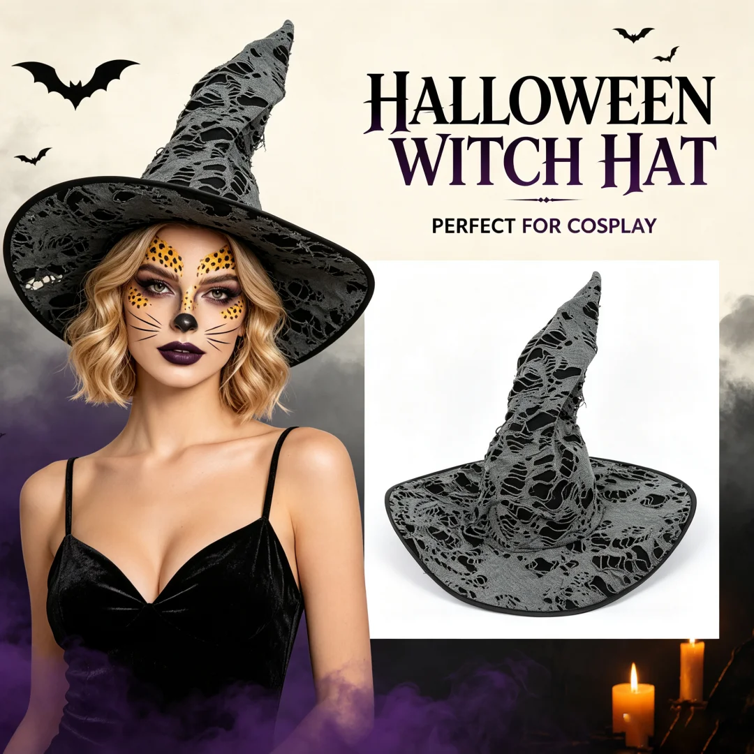 Halloween Distressed Witch Hat Spooky Lace Wizard Hat Cosplay Party Fancy Dress Props
