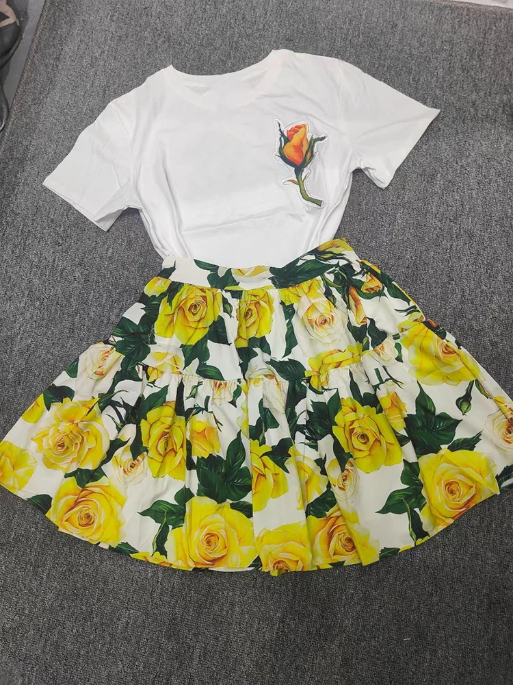 Retro and elegant spring and summer new yellow rose printed short-sleeved blouse+high waist and big skirt fashion two-piece suit