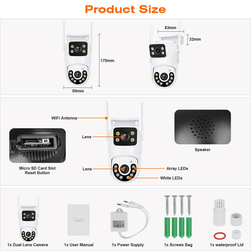 TAITAS Outdoor Wireless Security IP Camera 4K 8MP HD Dual Lens External Wifi PTZ Camera Auto Tracking Surveillance Camera iCsee