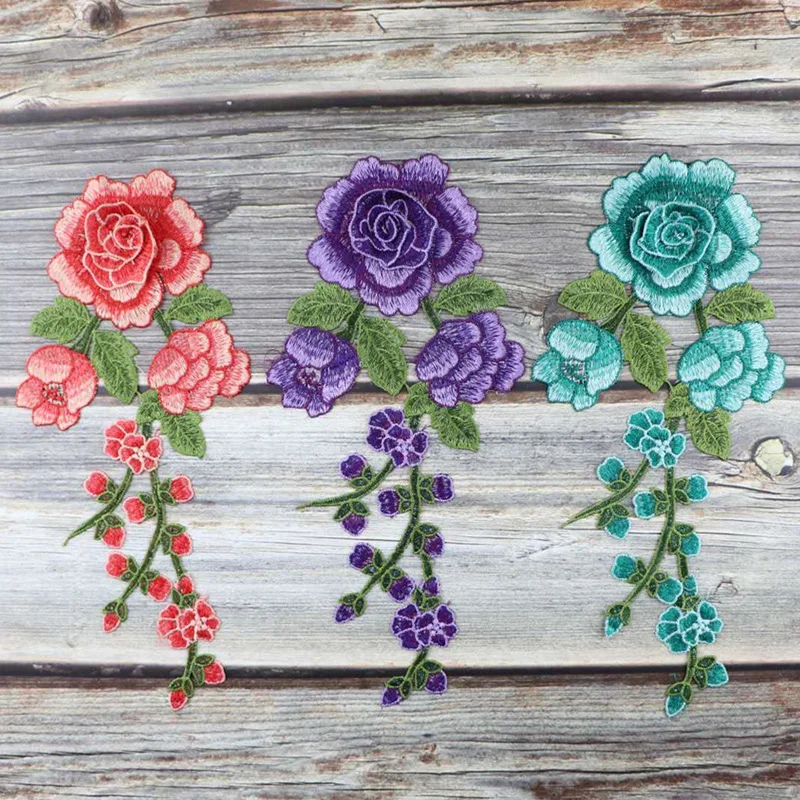 Polyester Embroidered Rose Flower Patterns Patches Sew On Clothes Dress Badge Fabric Stitch Repair Sticker Applique Accessories