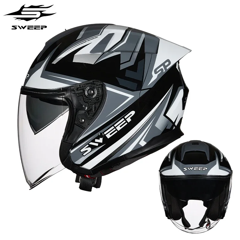 New Motorcycle Helmet Carbon Fiber Half Helmet Women's Personalized Double Lenses Three-quarters Helmet Men's Four Seasons