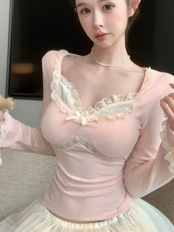Camiseta Rosa de Manga Larga para Mujer, Estilo Otoño Invierno, Cuello Cuadrado, Camiseta Básica con Encaje Interior, Absolut...