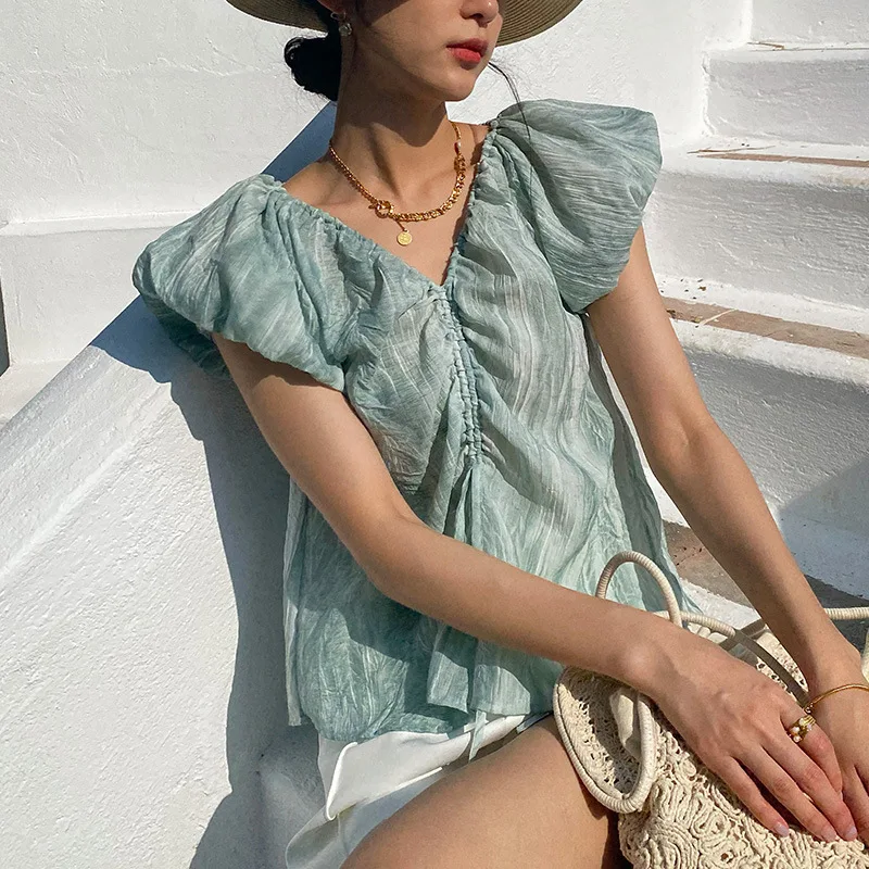 

Vacation Style Small Top Women's Short-Sleeved Summer New Korean Style Blouse Texture Socialite Style New New Women's Clothing