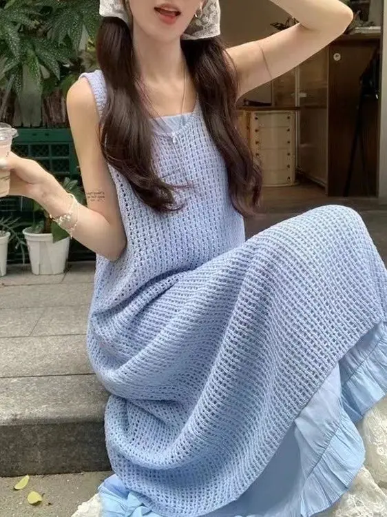 Conjunto de Vestido Longo de Malha Solto de Verão, Estilo Preguiçoso, Vestido com Alças em Camadas, Conjunto de Duas Peças pa...