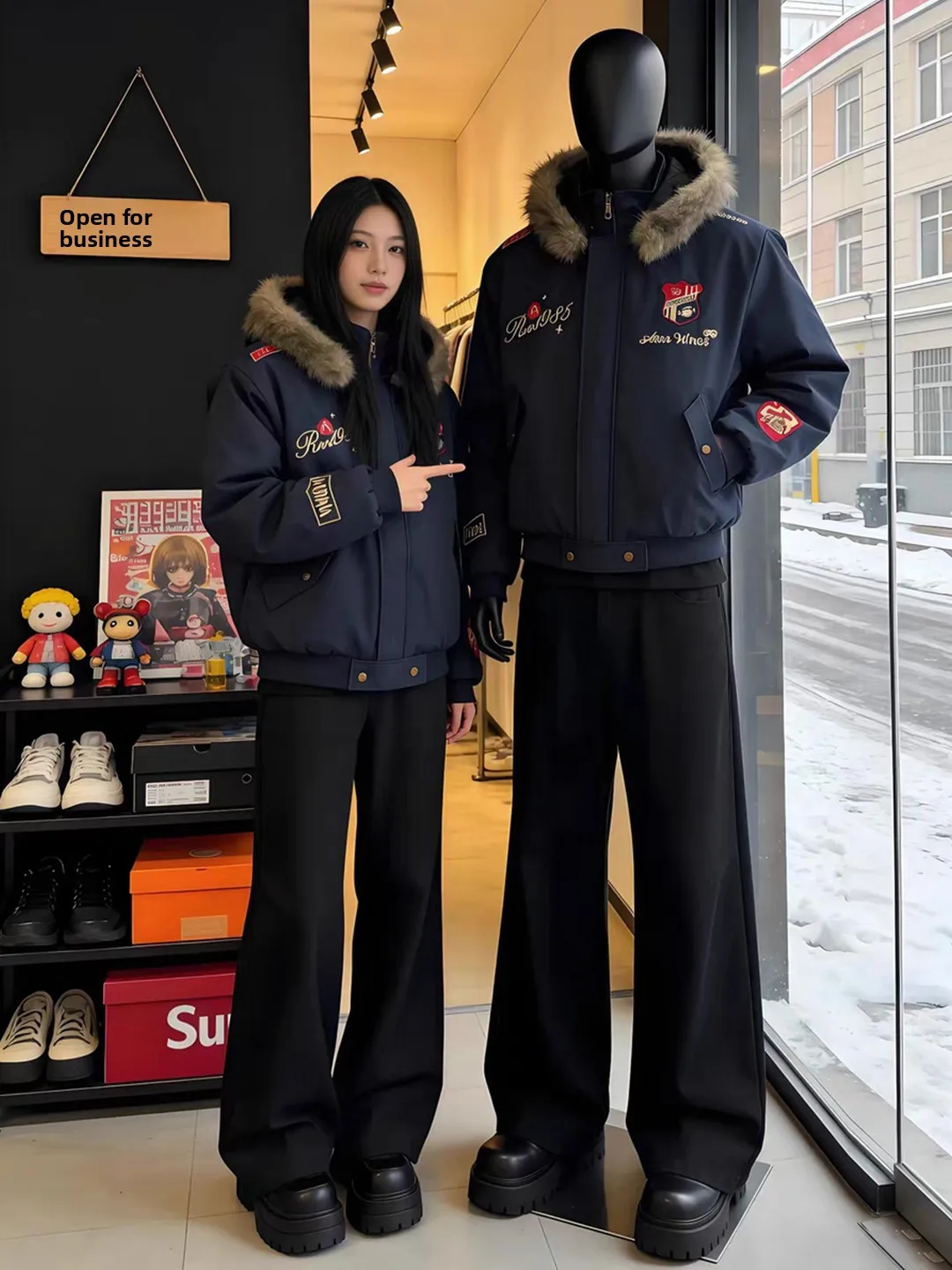 

Bla Fce Lined Casual Men's Trousers Knife Pleat Loose Fit Long Winter Pants Teenage Faion Cool Sle Pure Color