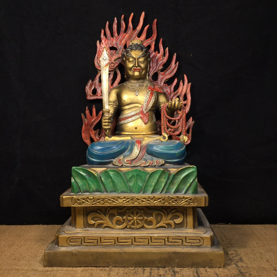 

13"Tibetan Temple Collection Old Bronze Painted Fudo Acala Mingwang Acalanatha Backlit Sitting Buddha Worship Hall Town house