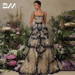 Popular Sequined Ballgown Prom Dress Square Neckline Draped Designed Women Long Evening Dresses Hot Women's Party Gown