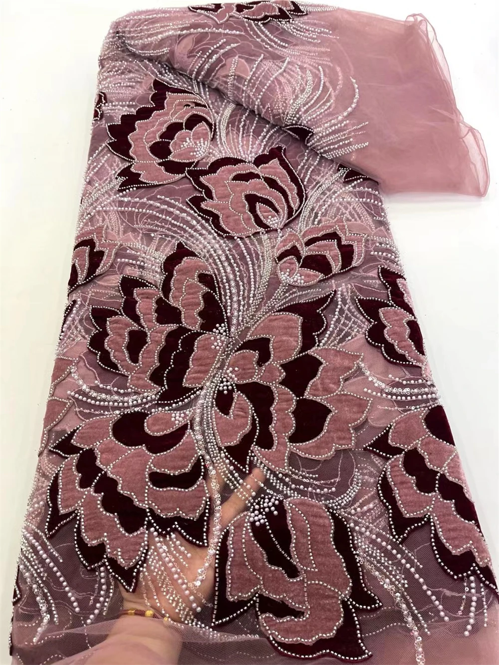 

Luxury African Beaded 2025 High Quality Nigerian Sequins With Pearl Lace French Tulle Lace Fabric For Party Dress Sewing