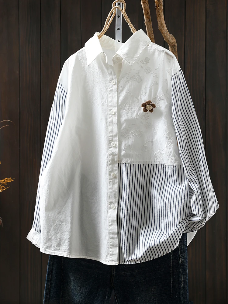 

High Quality Women Long Sleeve Cotton Shirt New 2025 Autumn Simple Style Patchwork Striped Female Casual Tops Shirts M1894