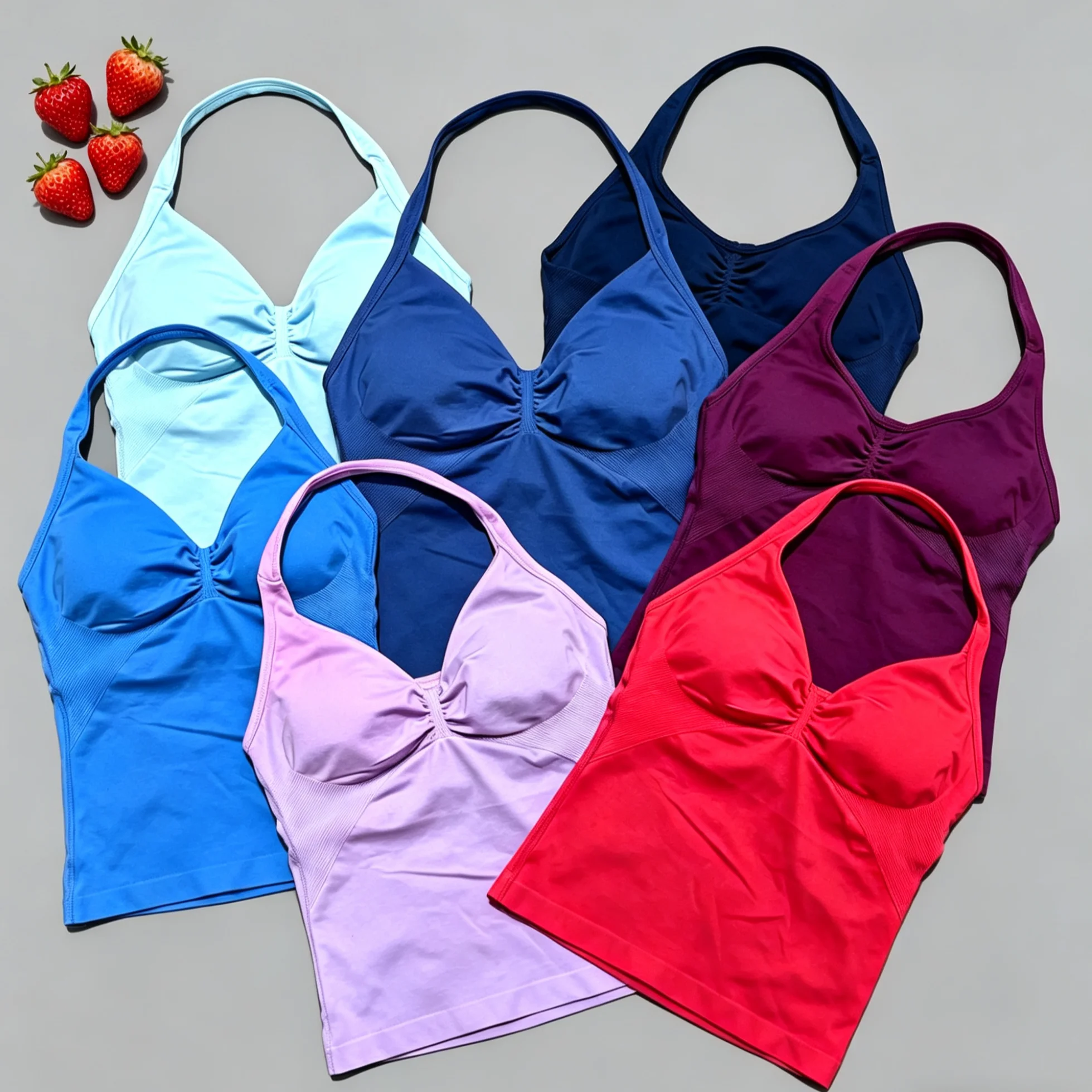 Women Seamless Yoga Gym Sports Top Tank Longline Strappy Top Open Back Bra Sportswear Gym Clothing Running Workout Halter