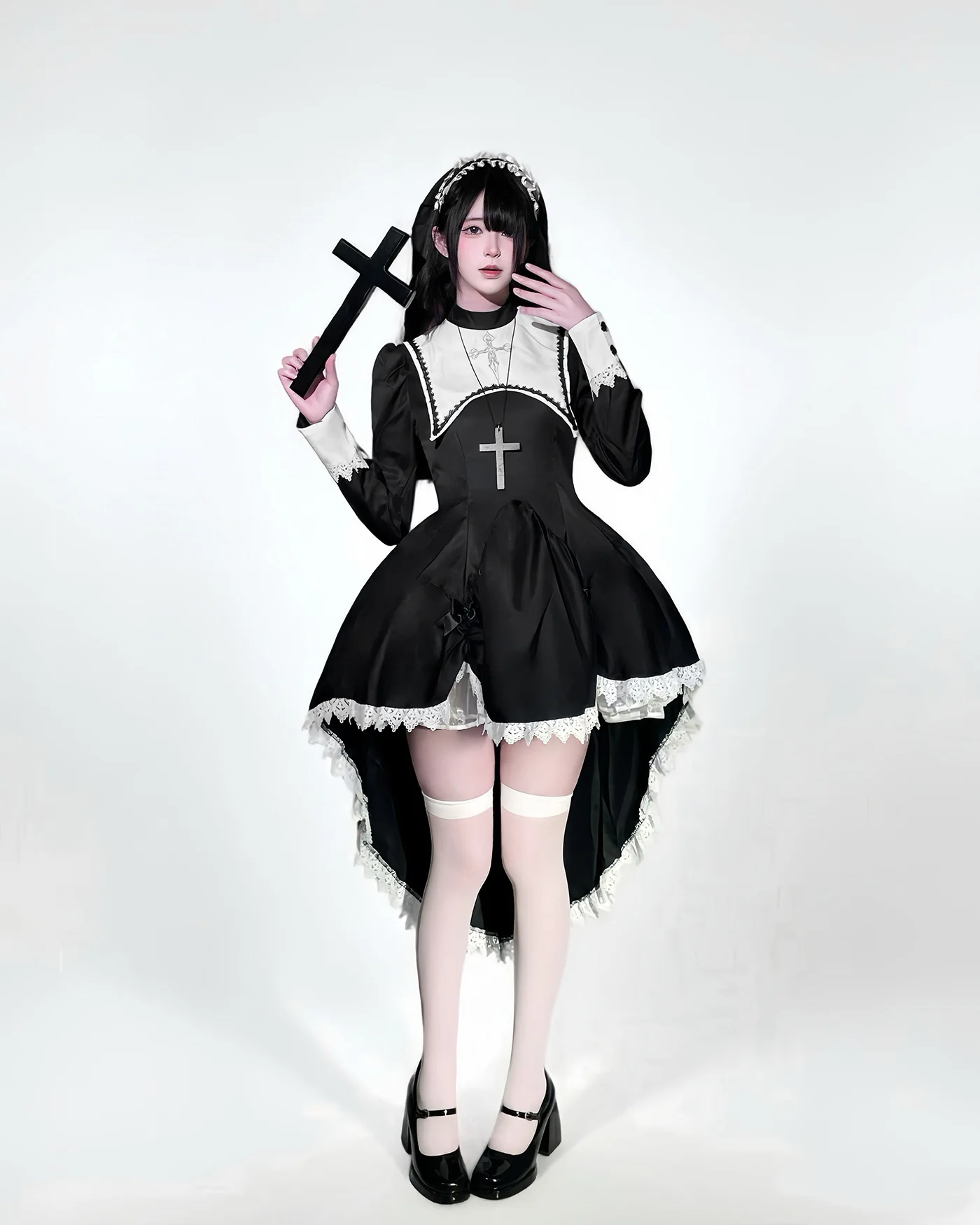 S -5XL Schwarzer Gothic Nonnenrock Cosplay Kostüm Karneval Mädchen Anime Kreuz Nonnenrock Beliebtes Party Halloween Y2k Schleppe Kleid 2025 – Detail 2
