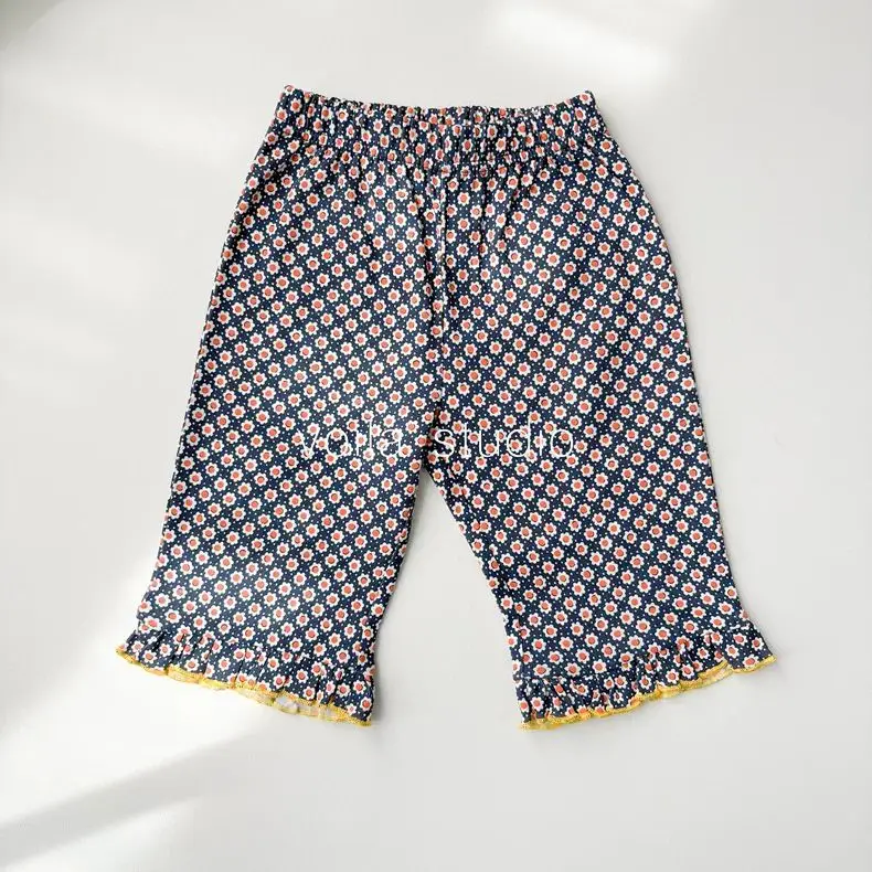 Korean cotton baby girl's nine point British retro style spring and summer pure cotton pleated bell bottom pants