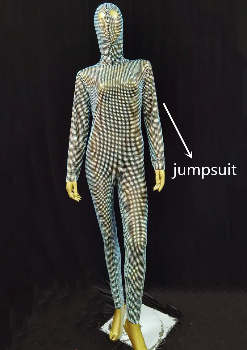 Lussuosa tuta con copricapo con maschera piena di strass e maniche lunghe per abiti da body glitter alla moda per feste
