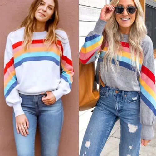 Women Casual Rainbow Stripe Sweatshirt Jumper Tops Loose Long Sleeve Pullover