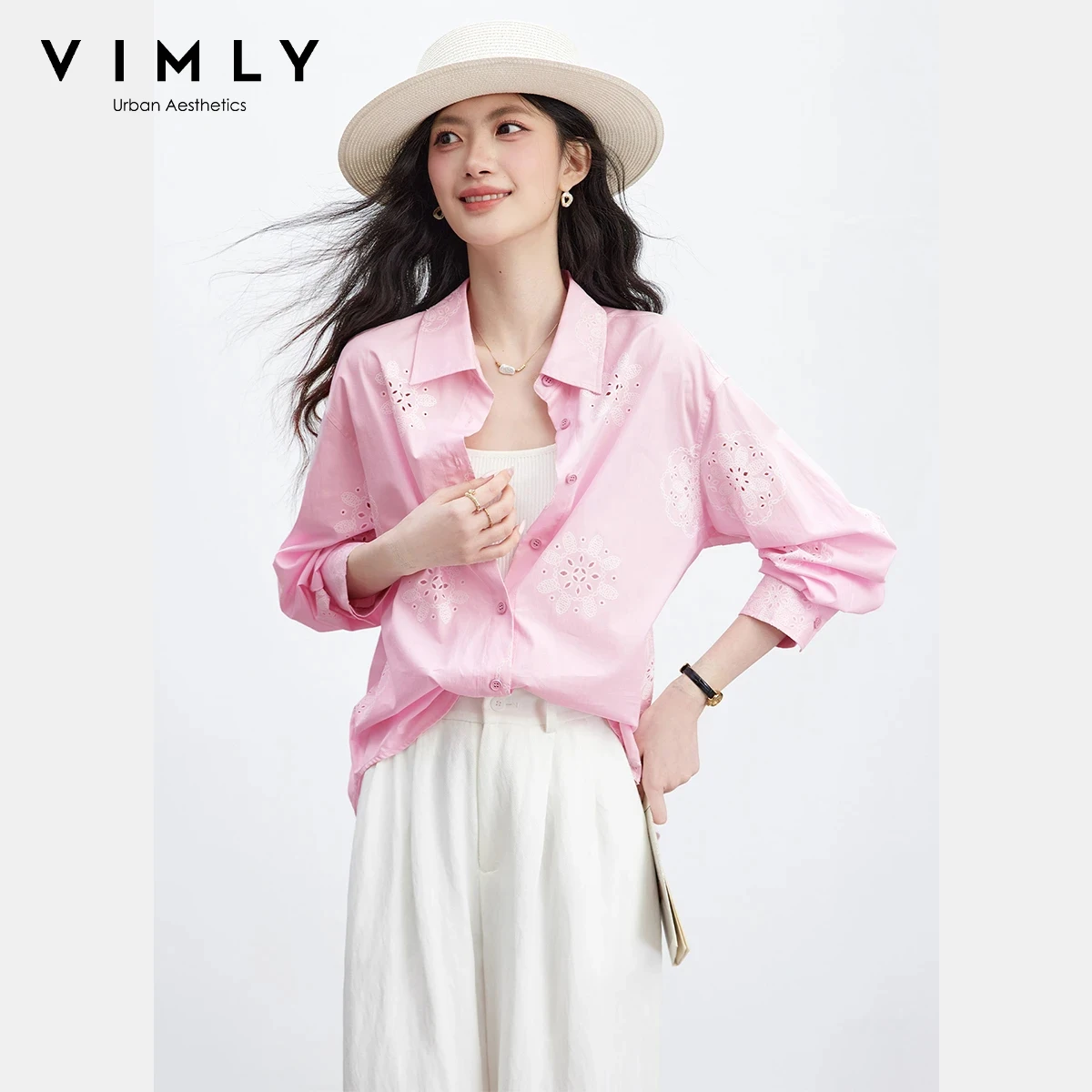 

Женская блузка VIMLY из 100% хлопка, новинка весны 2026, в стиле французского пейзажного шика, с вышивкой и вырезами, свободная рубашка с длинным рукавом, модель A2388