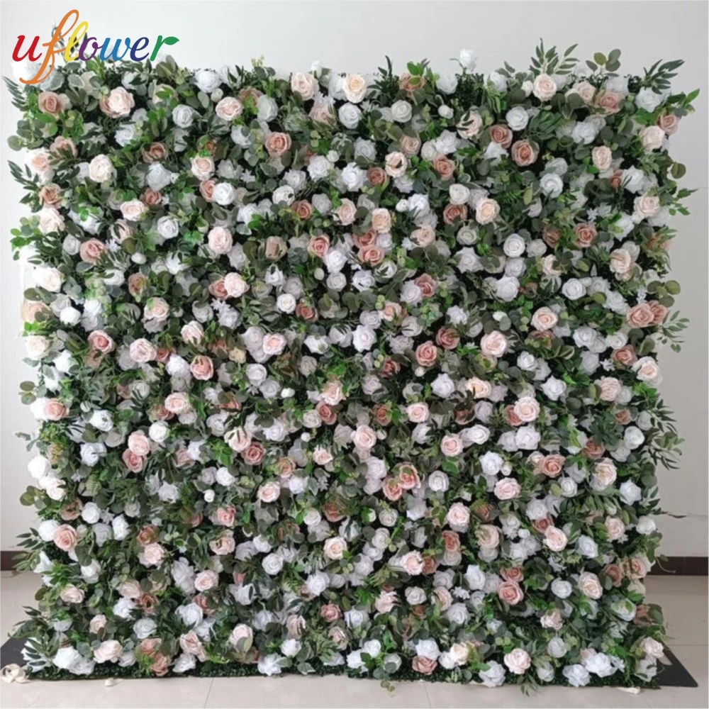 Uflower الفاخرة الأخضر أوراق الصفصاف الأوكالبتوس الورود البيضاء زهرة اصطناعية جدار الزفاف خلفية ديكور عيد ميلاد ترتيب