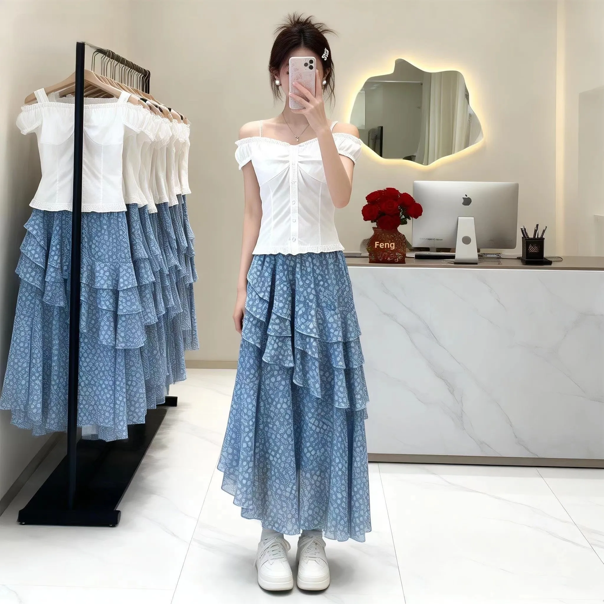 

Summer Chic Unique Korean Style Asymmetrical Skirt Top Set Women's Fashion Breathable Polyester Short Sleeve Shirt Dress