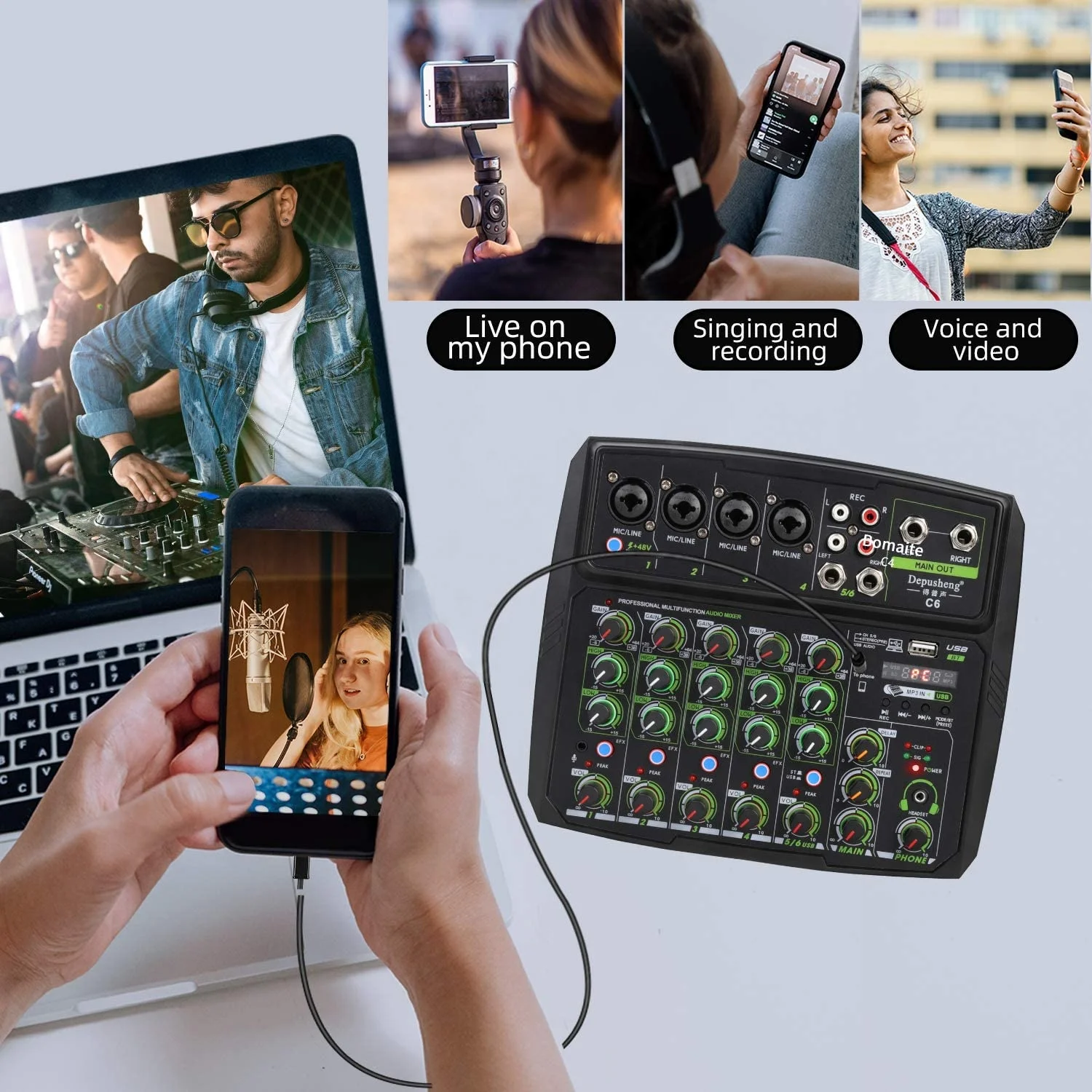 Mixer Audio deusheng C4/6 canali Console di missaggio del suono Bluetooth registrazione USB riproduzione del Computer 48V Phantom Power Delay Repaeat
