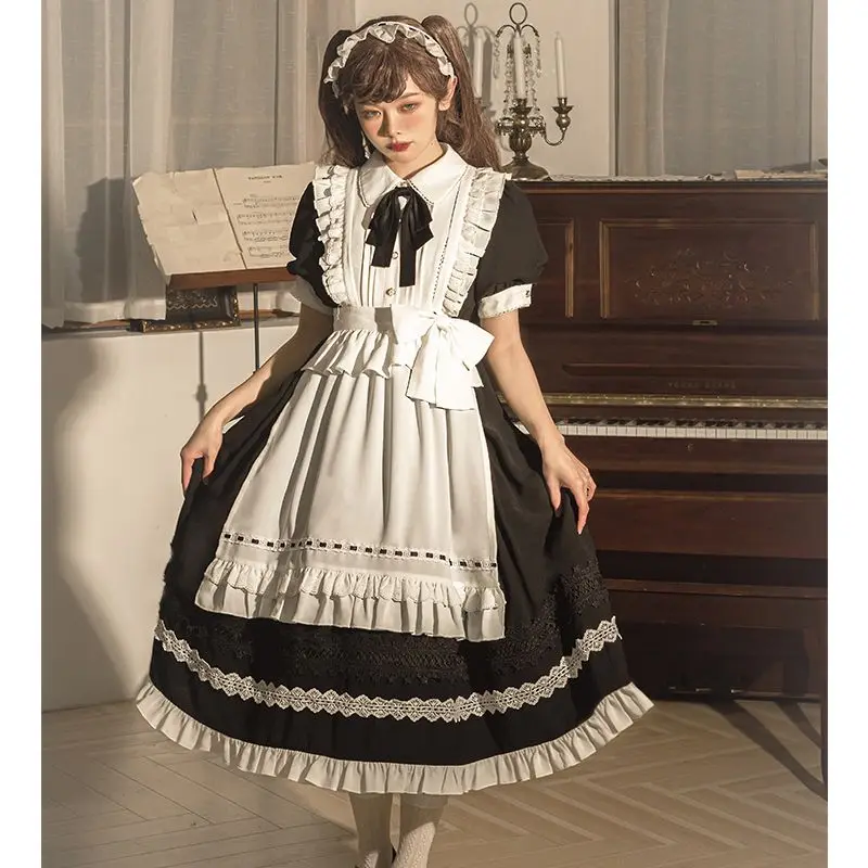 

Original Japanese Doll Collar Ruffled Short Sleeve/Long Sleeve Lolita Maid Outfit Removable Apron Female Kawaii Tea Party Dress