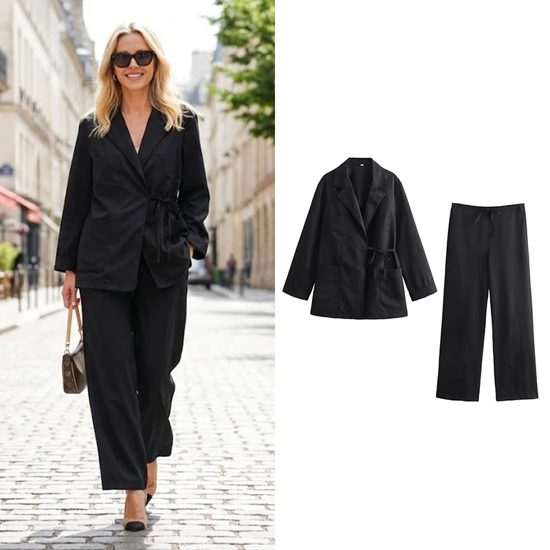 Willshela Women Fashion Two Piece Set Black Lace Up Coats With Pockets & Vintage Drawstring Trousers Feamle Chic Lady Pants Sets