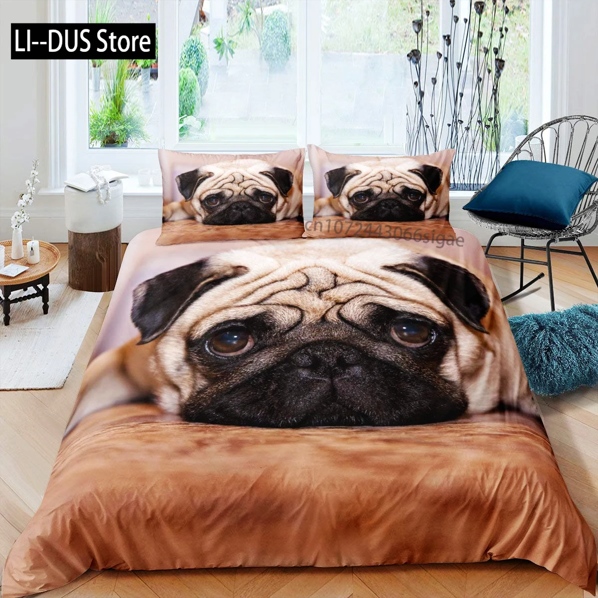 Pug Duvet Cover Set,  Puppy Lying Around Pet, Decorative 3 Piece Bedding Set with 2 Pillow Shams, Queen Size, Pale Brown Black