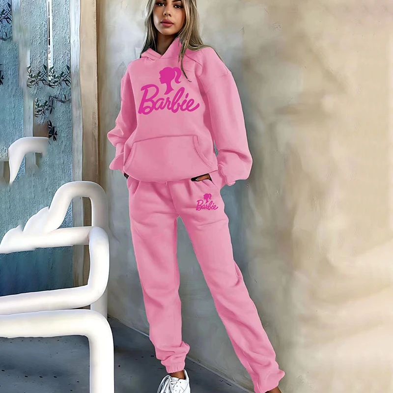 2024 New Girls Sports Sweatshirt and Sweatpants Suit Barbie Cartoon Casual Fashion Plus Velvet Autumn and Winter Two-Piece Suit