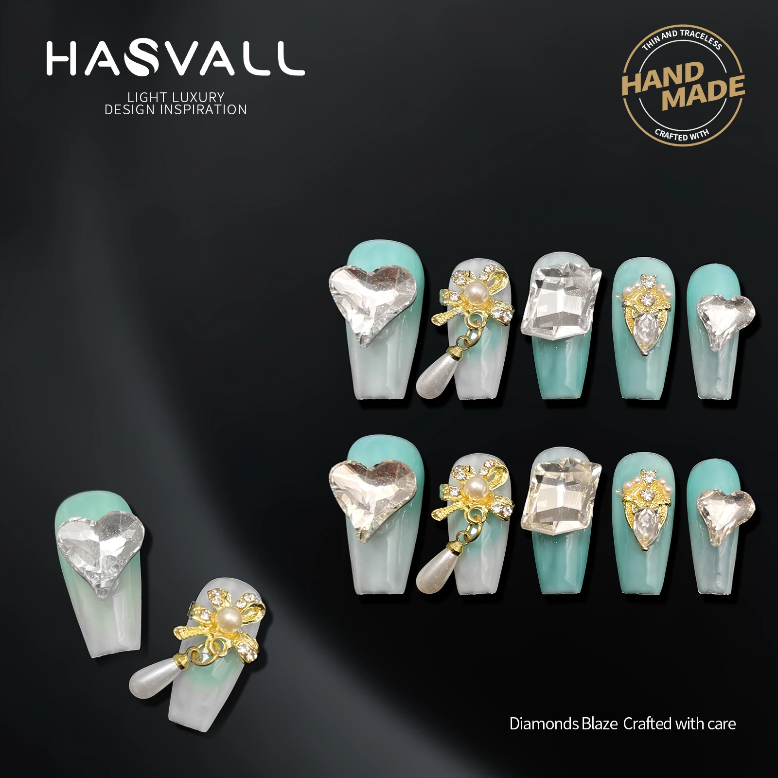 

HASVALL 10Pcs Handmade Press on Nails Medium Coffin Blue Fake Nails with 3D Heart Rhinestone False Nails Full Cover Nail Tips