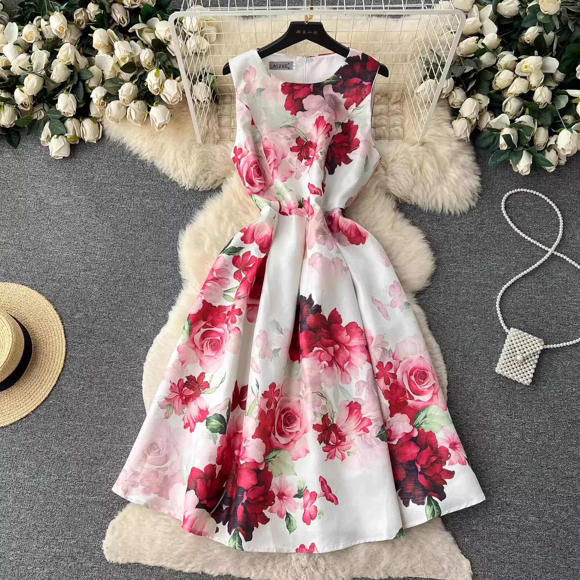 

Fashion Runway Summer Floral Dress Women's Sleeveless O Neck Bohemian MultiColor Flower Print Beach Midi Tank Vestidos