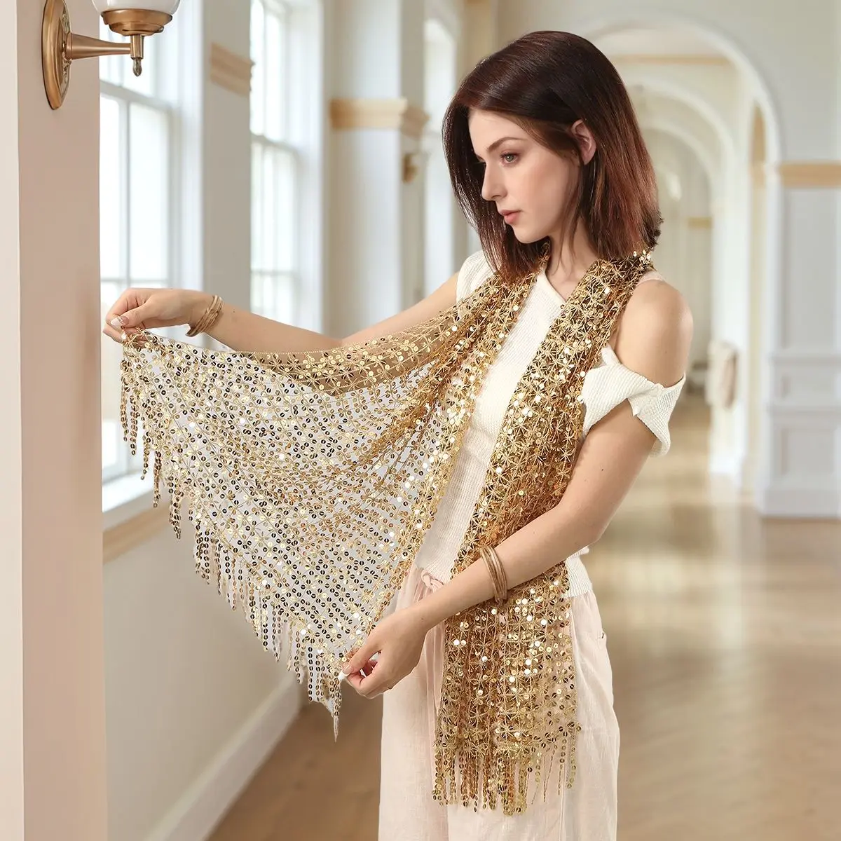 Vintage Golden Sparkle Fransen Schal Party Schal Frauen Luxus Kopftuch Pailletten Deco Wraps Fransen Braut Brautjungfer Hochzeit Cape – Detail 10