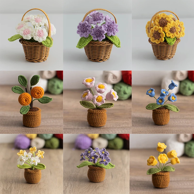 Hand-knitted Potted Plants Handmade Crocheted Sunflower Basket Simulated Plants Flowers Ornaments Plant Desktop Decor Gifts